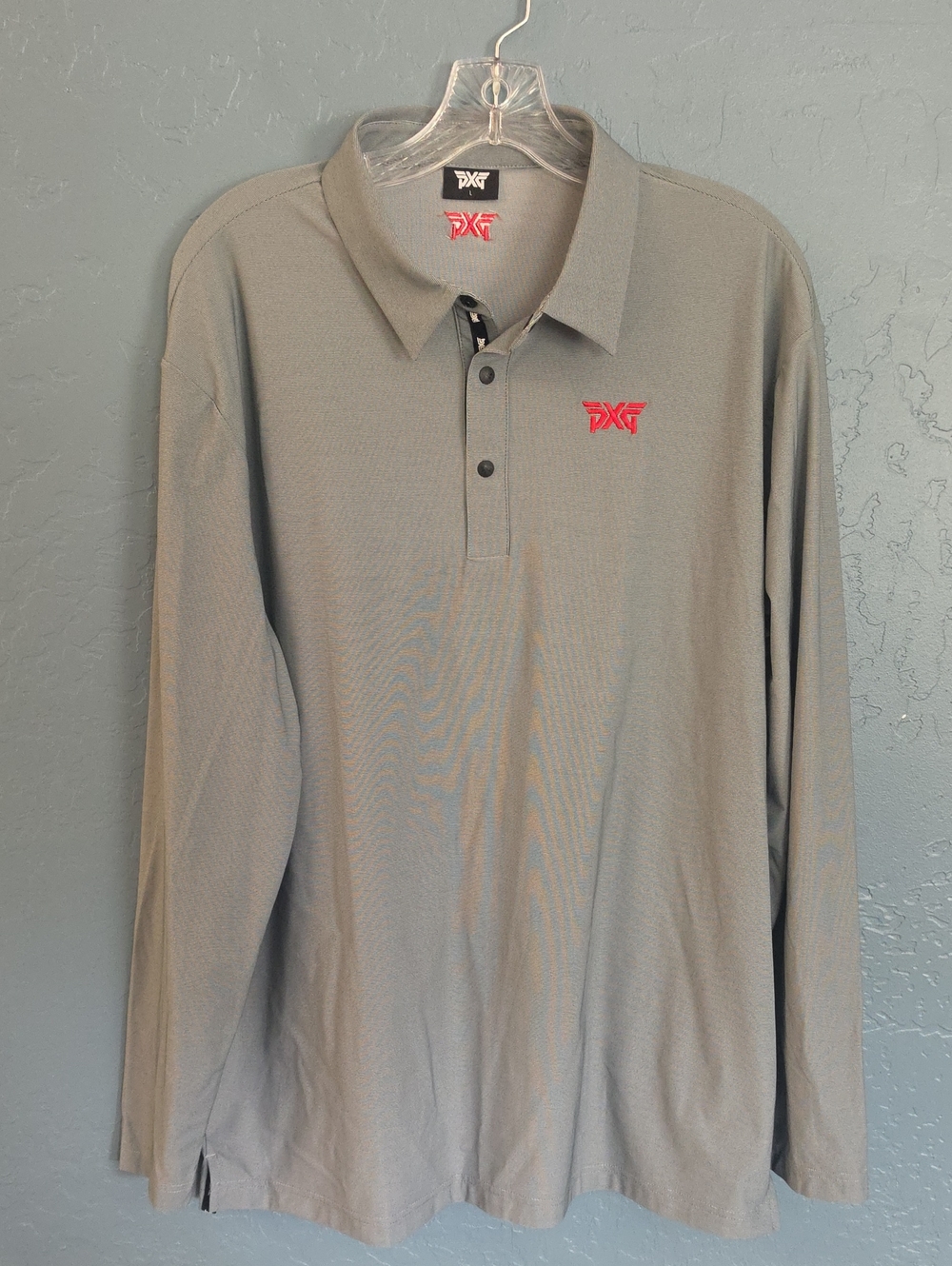 PXG Golf Fairway Men's Long Sleeve Polo - Light Gray with Red Logo